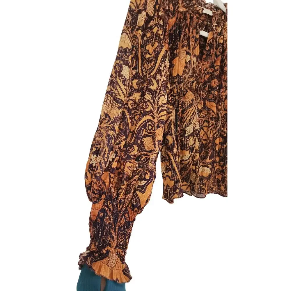 Ulla Johnson Top Blouse Long Sleeve Puff Chiffon Ruffle Navy Blue Orange Gold‎ 2